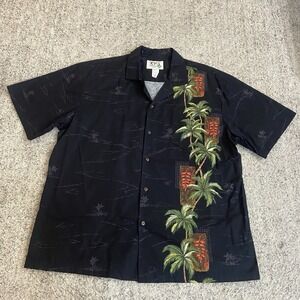 VTG KY's Hawaiian Shirt Mens XL Black Button Tropical Palm Trees Made in Hawaii